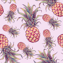 Pineapple on a pink background. Color drawing markers. Tropical fruit. Seamless pattern