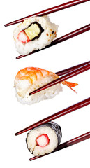 Nigiri sushi with chopsticks isolated on a white background