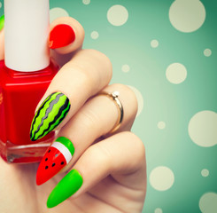 Watermelon style bright summer art manicure for long nails