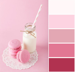 Color palette with french macarons with bottle of milk on pink b