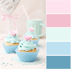 Color palette with tasty cupcake on pink background
