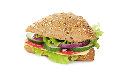 Tasty sandwiches with salami isolated on a white