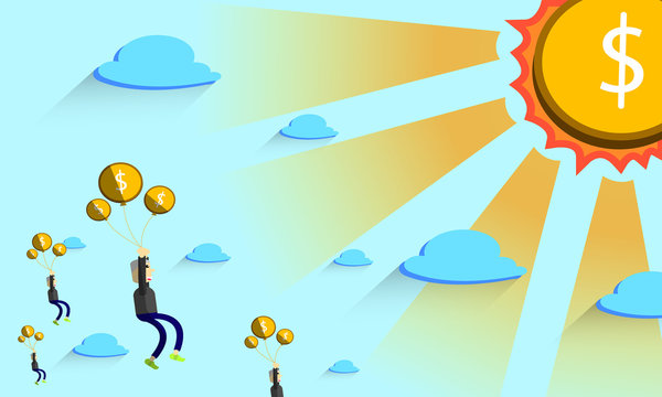 Man carry floating money balloon. Graphic illustrator. vector