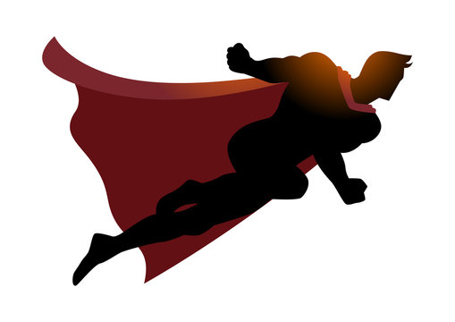Cartoon silhouette of a superhero flying