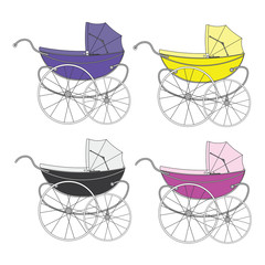 Set color  vintage old authentic vintage stroller with big wheels for little newborn baby.