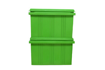 green plastic box packaging of finished goods product on white background with clipping paths