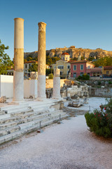 Remains of Hadrian's Library, Plaka and Acropolis on a summer evening.