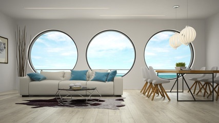 Interior of modern design room with sea view 3D rendering