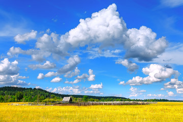 landscape, clouds, field, house