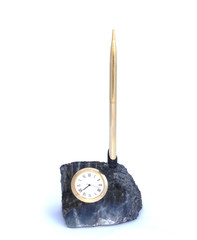 Table office set - stone stand with clock and pen on white background