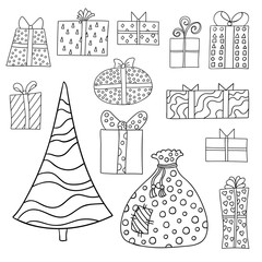 Set of cute cartoon giftboxes, presents and firtree isolated on