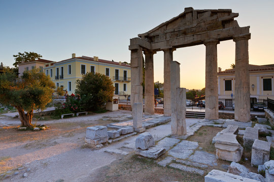 Remains of the Gate of Athena Archegetis and Roman Agora in Athens, Greece.