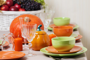 Thanksgiving Day. Festive lunch with traditional table decoratio