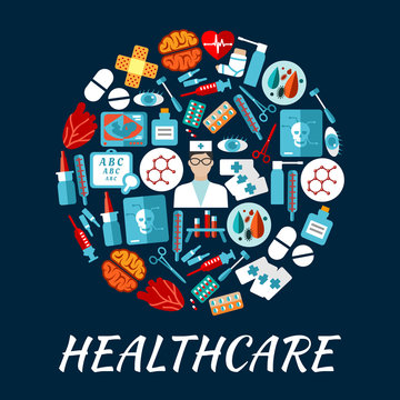 Healthcare flat icons in a shape of circle