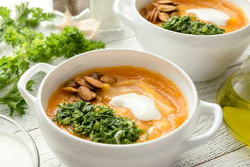 Pumpkin soup with pesto and roasted seeds