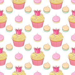 Pink crown cupcakes and meringues vector seamless pattern.