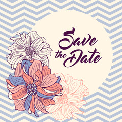 Save the Date card. Flowers on chevron background.