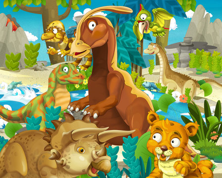 Cartoon scene - dinosaur wtih other ancient animals - illustration for children