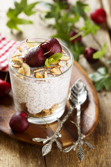 Chia pudding with sour cherry and almond flakes