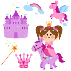 Pretty princess riding a horse. Fairy tale set with a castle, unicorn, rainbow, crown and magic wand. Vector illustration