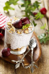 Chia pudding with sour cherry and almond flakes