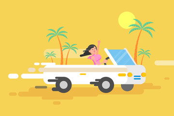 Obraz premium illustration happy brunette girl drives a white convertible