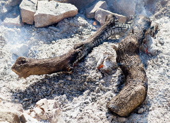 The texture of the smoldering coals in the pit. A small fire with logs and smoke in a camping. 