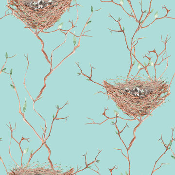 Seamless pattern of the watercolor bird nests on the spring tree branches, hand drawn on a blue background