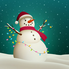 Vector Illustration of a Fun Snowman with Colorful Holiday Lights