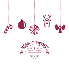 Naklejka premium Vector Illustration of a Christmas Card with Various Hanging Christmas Ornaments