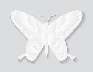White butterfly low polygon and shadow on gray background, geometric insect polygonal style