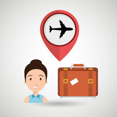 woman suitcase airplane window vector illustration design