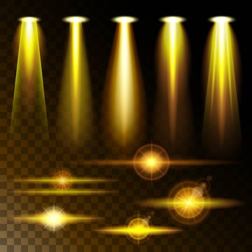 Set realistic yellow light shining bright glare of lamps, a set of various shapes and projections on a dark background. Abstract vector illustration