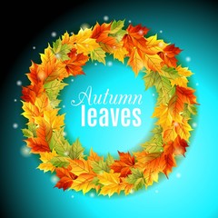 The circle of autumn leaves on a bright blue background, maple leaves of bright colors, light, shine bright. Vector illustration