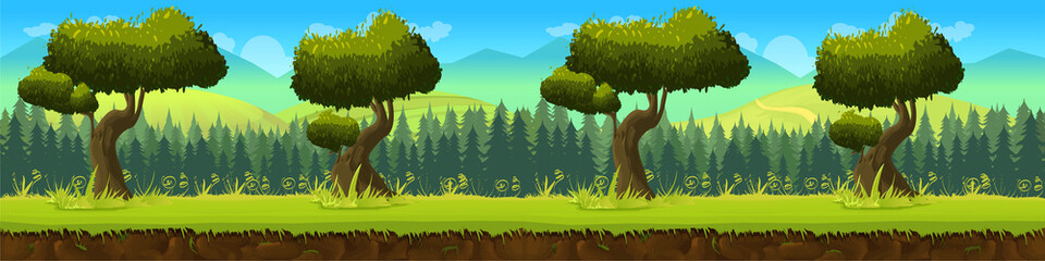 Meadow and forest, nature landscape, vector background