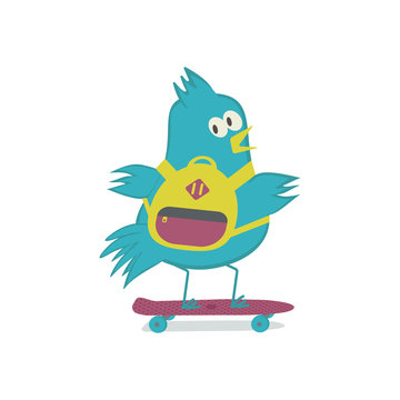 Bird on penny board. Sparrow on skateboard. Vector illustration.