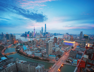 Aerial photography at Shanghai bund Skyline of dusk