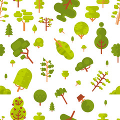 illustration seamless pattern with green trees and bushes on a white background in  flat style