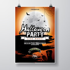 Vector Halloween Party Flyer Design with typographic elements on orange background. Graves, bats and moon.