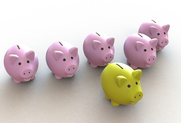 Yellow piggy bank in the front of many pink piggy bank