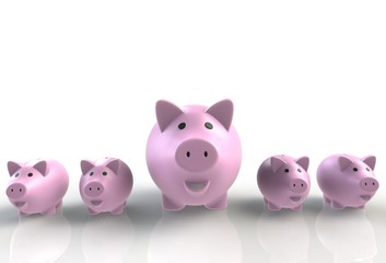 Large group of pink piggy banks with one big leader