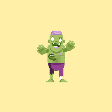 illustration zombie character with brains for halloween in a flat style