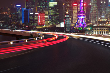 Fototapeta na wymiar Empty road floor with bird-eye view at Shanghai bund Skyline