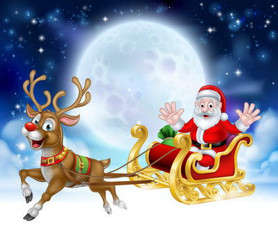 Cartoon Santa Reindeer Sleigh Christmas Scene