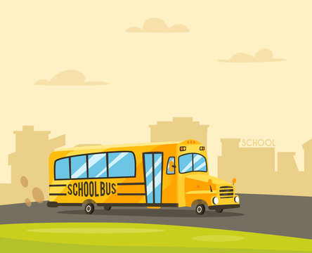 Vintage yellow school bus. Cartoon vector illustration