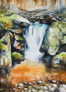 Waterfall in deep autumn forest.Picture created with watercolors.