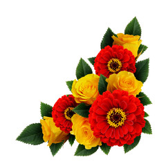 Yellow roses and red zinnia flowers corner arrangement
