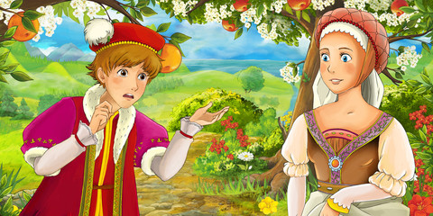 Cartoon scene with cute royal prince and charming manga girl on the meadow - illustration for children