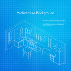Vector isometric illustration of kitchen blueprint interior.