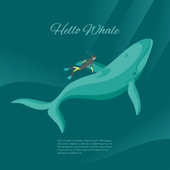 Isometric 3d vector illustration of diver and whale underwater